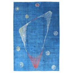 Vintage Mid-Century Modern Rug with Modern Design in Medium Blue Background