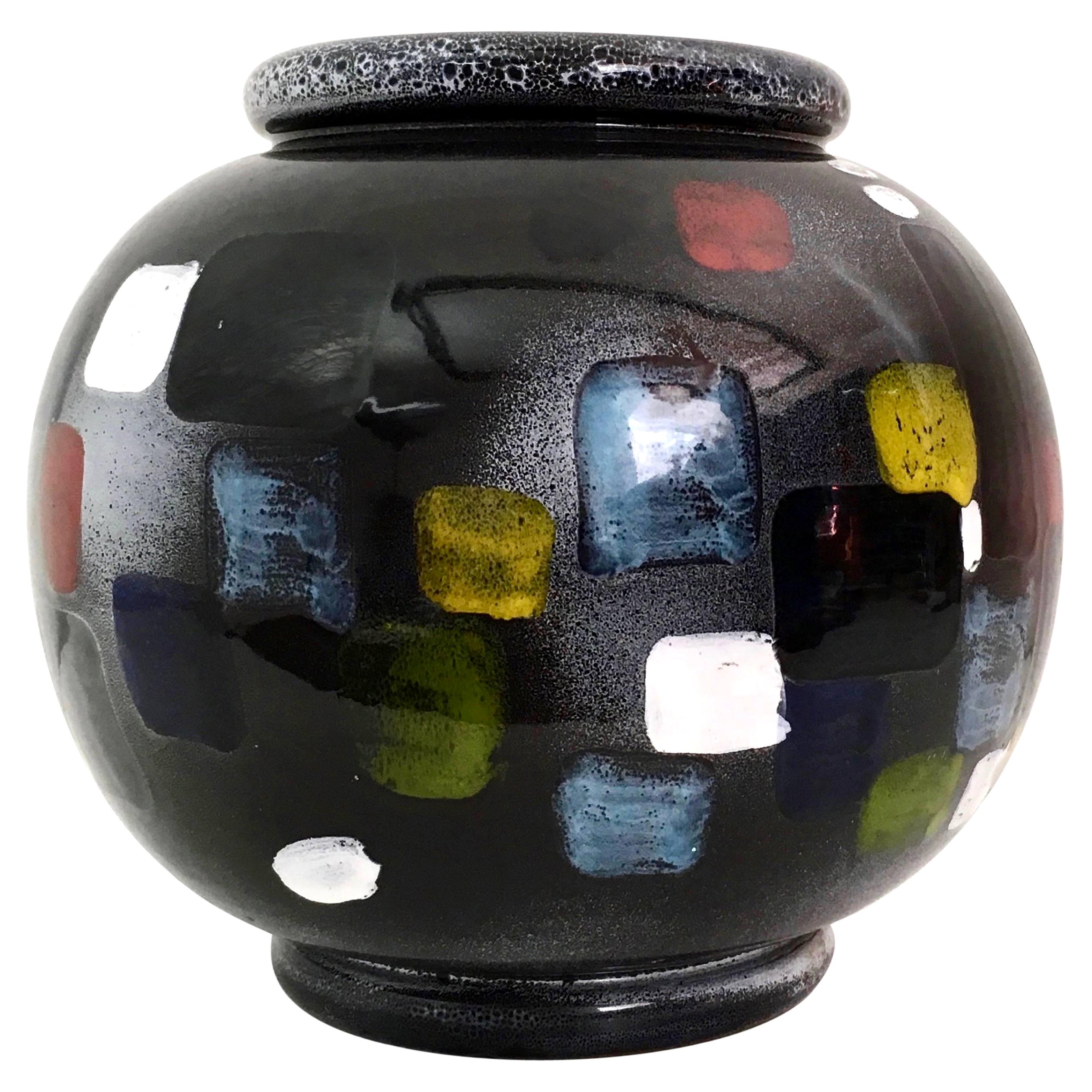 Vintage Black Deruta Ceramic Vase with Multicolored Details, Italy