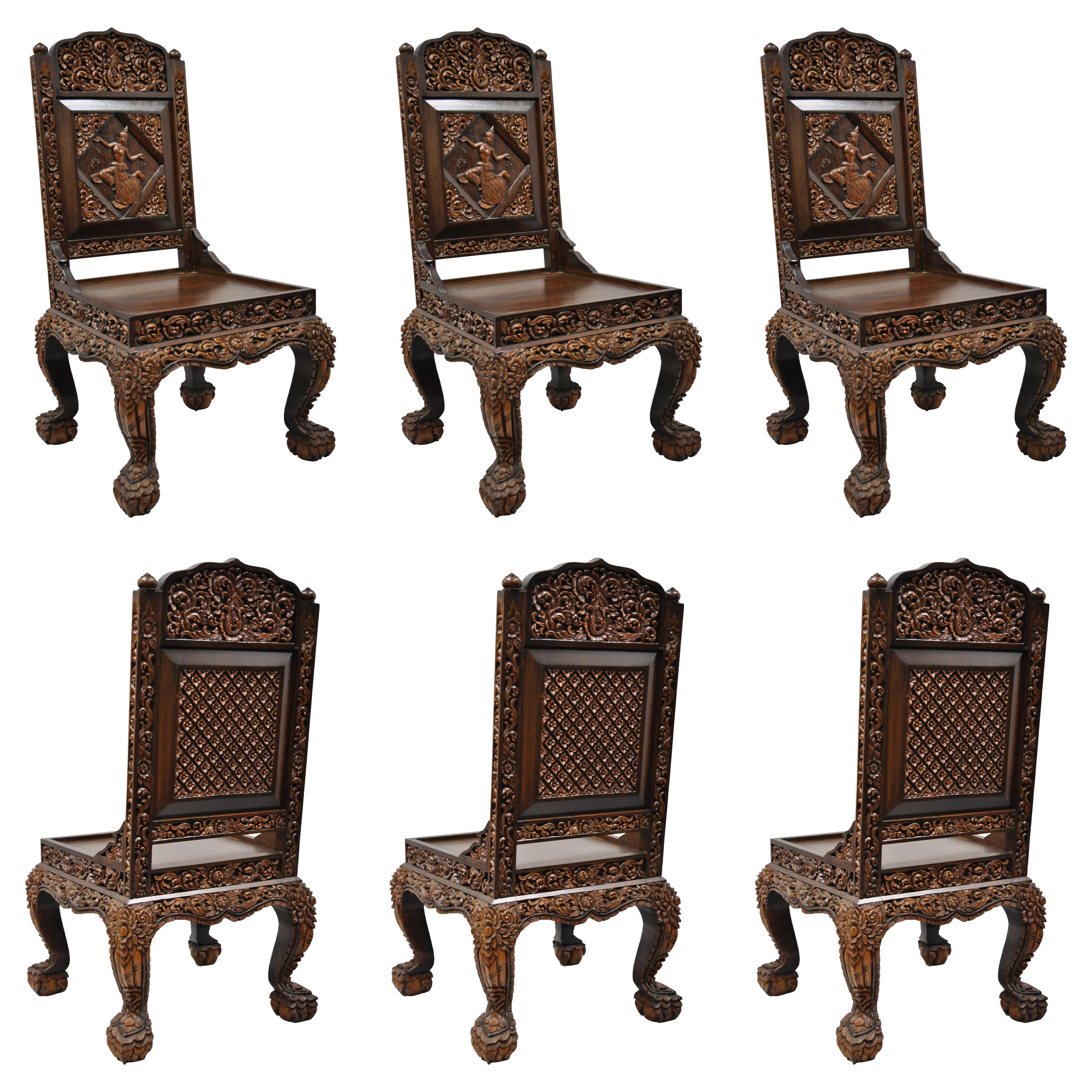 6 Hand-Carved Thai Oriental Teak Wood Dining Chairs with Dancing Female