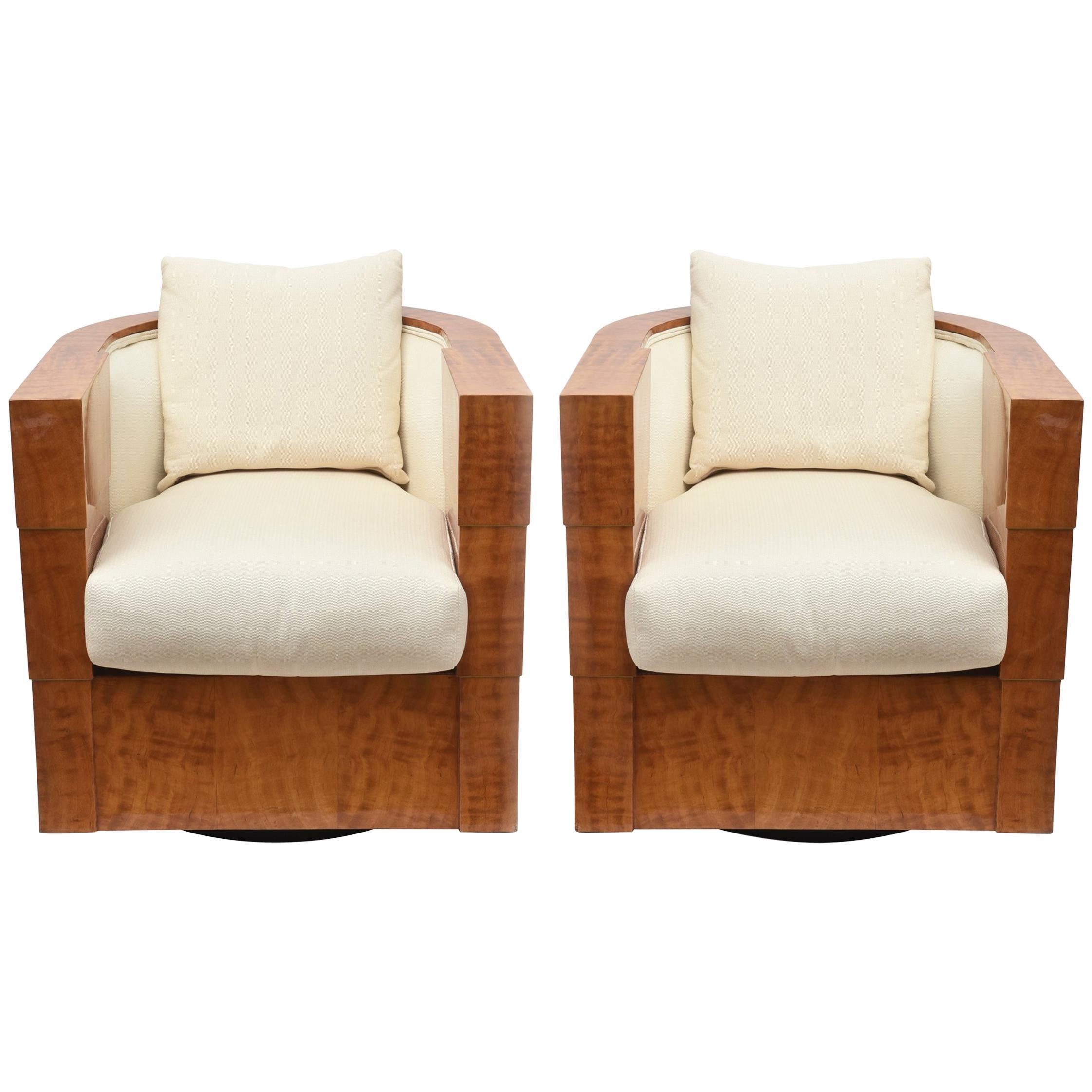Pair of Limited Edition Pace Exotic Camino Wood Swivel Club Normandy Chairs