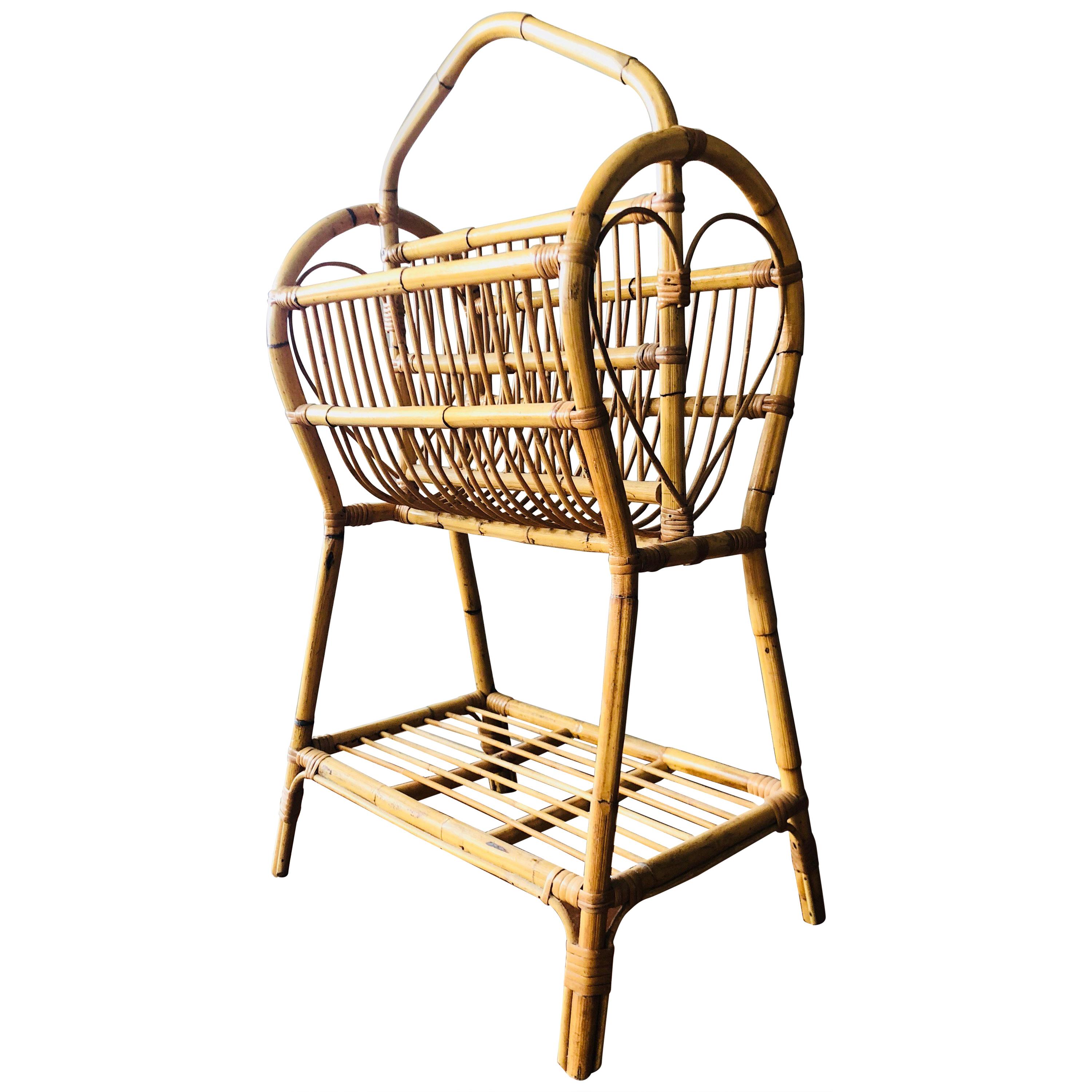 Mid-20th Century Vintage Cane Rattan Tall Magazine Rack For Sale