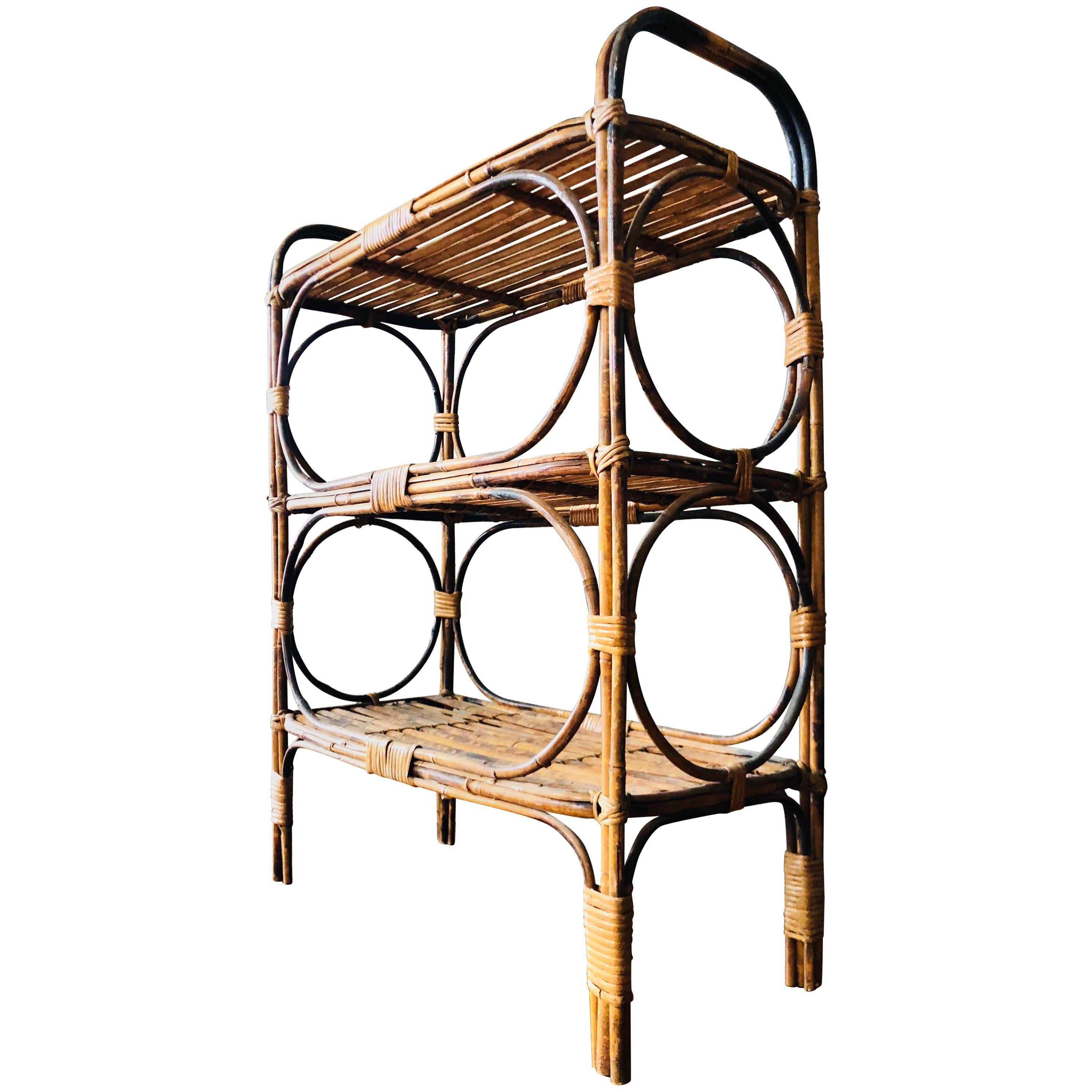 Antique Tiger Cane Bamboo and Rattan Shelving Stand For Sale