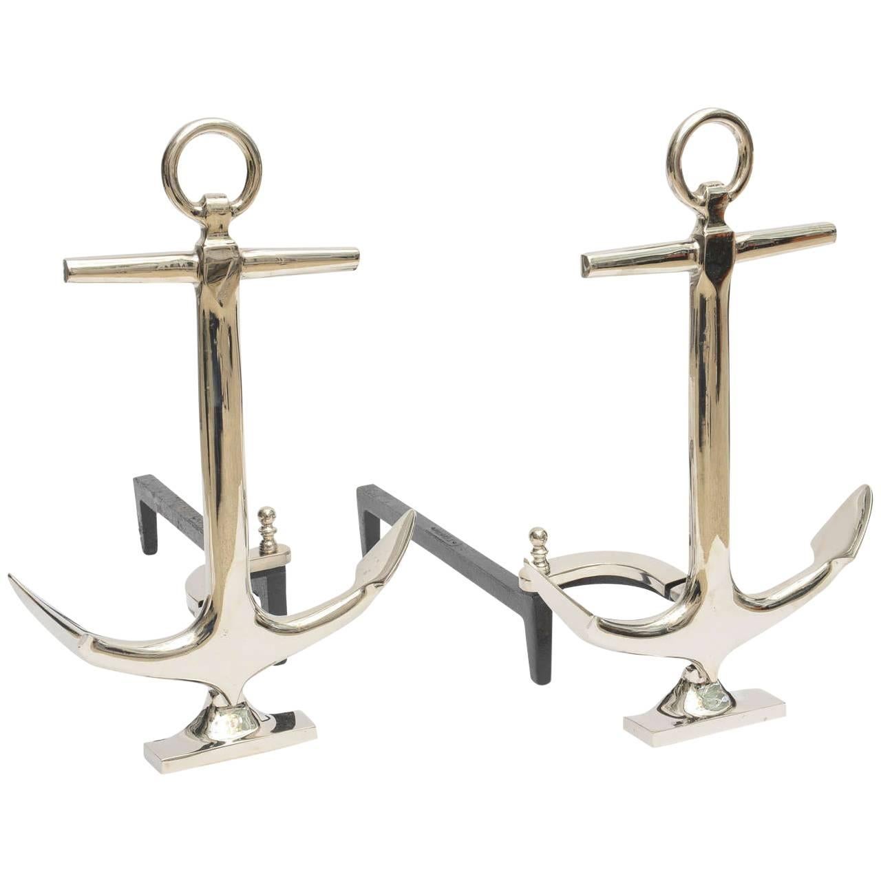 Pair of Nickel-Plated Anchor-Form Andirons by Puritan