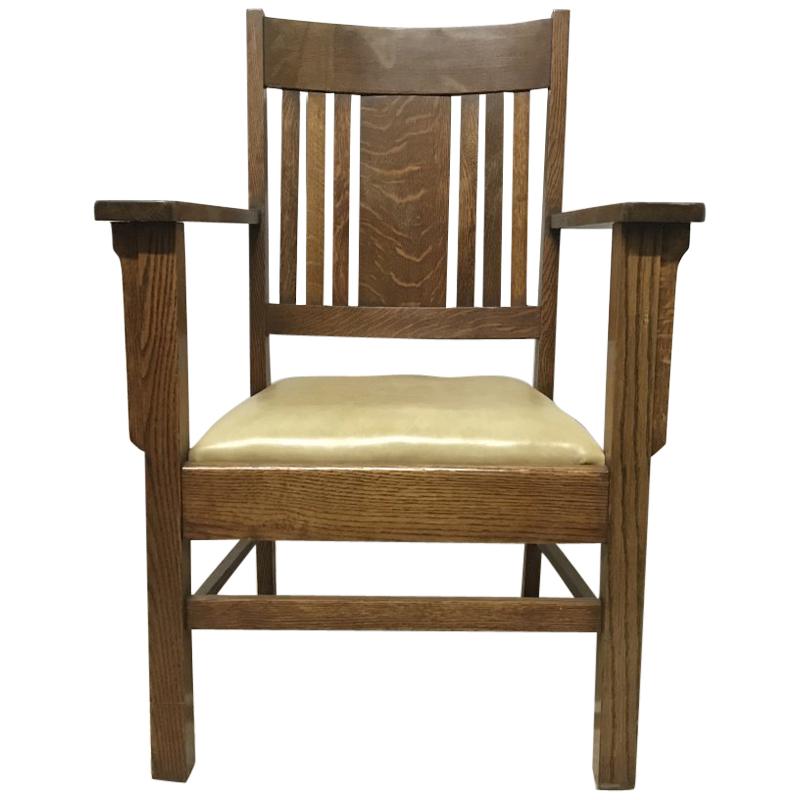 L&JG Stickley Arts & Crafts Oak Arm Chair with Curved Back & Shaped Arm Supports