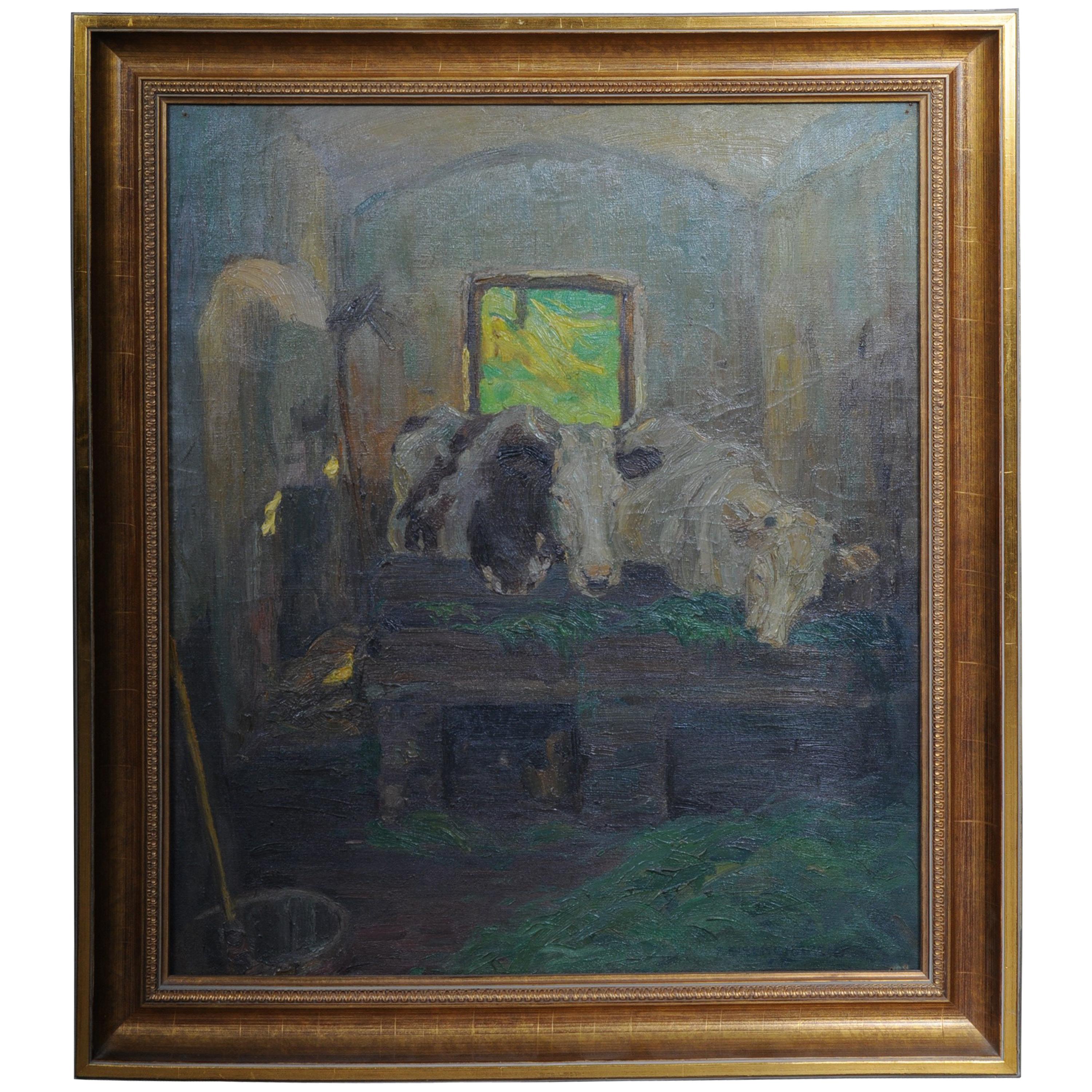Oil Painting Cows in the Stall Sign Felix Eisengräber, 1920 For Sale
