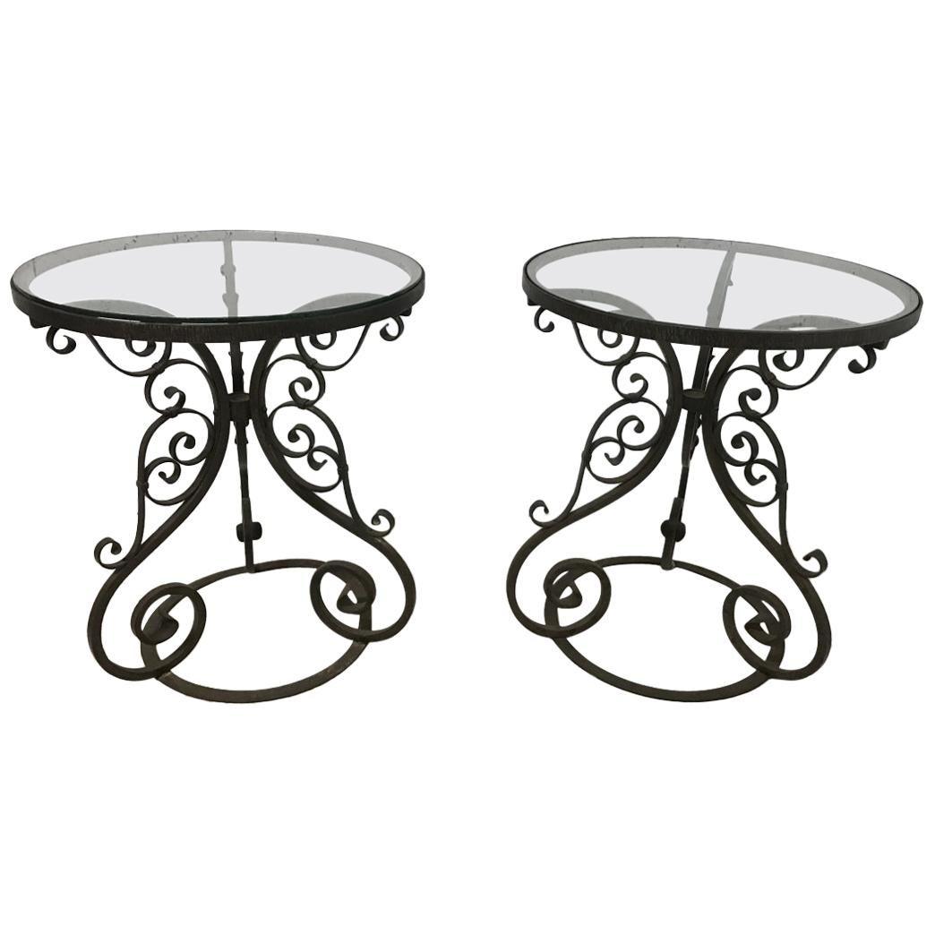 A Pair of Arts & Crafts Hand Formed Wrought Iron Side Tables with Scroll Details
