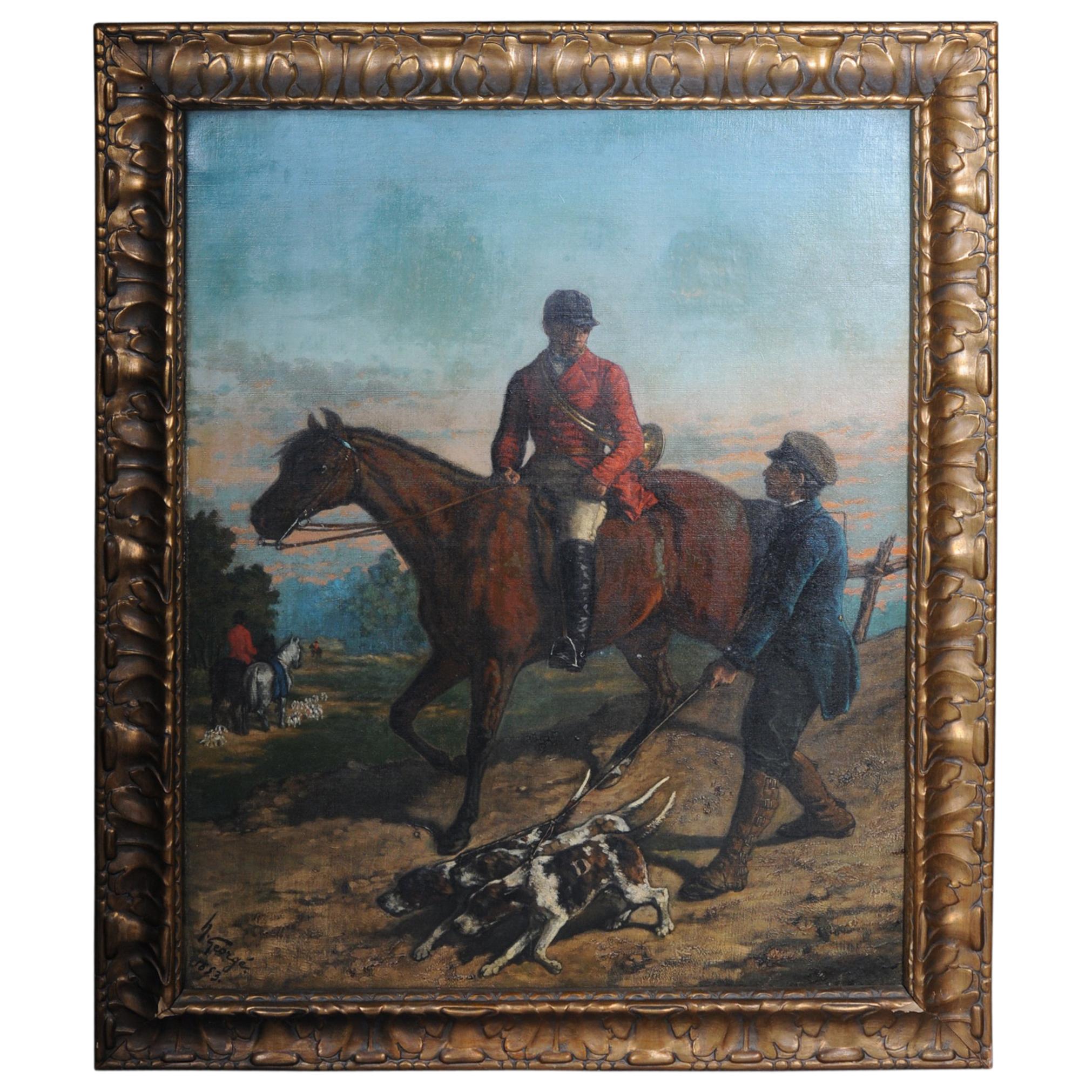 Oil Painting Sign H. George 1893 Man of Horse with Hunting Dogs For Sale