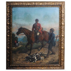 Peinture à l'huile signée H. George 1893 Homme à cheval avec chiens de chasse