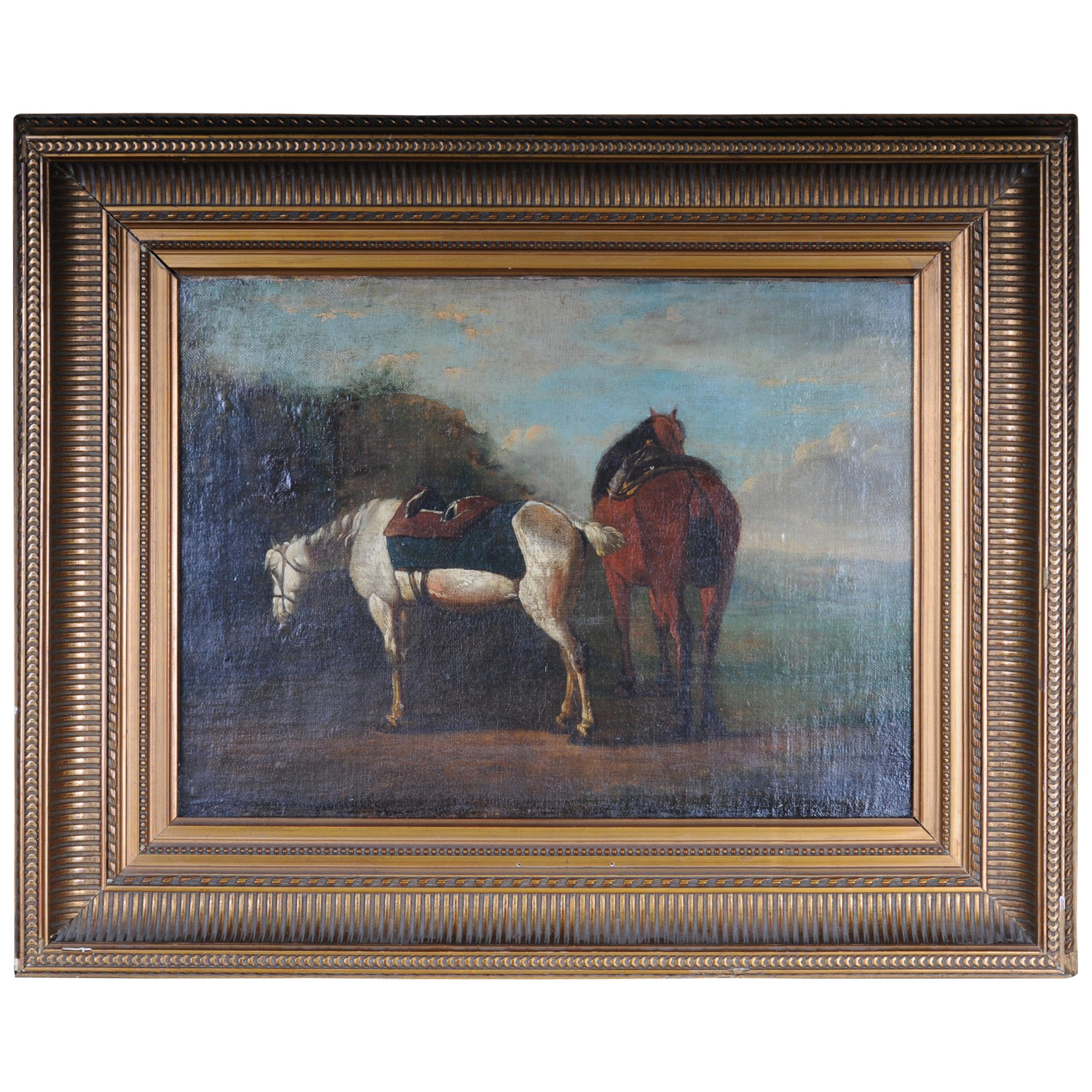 Ancienne peinture à l'huile Illustration 2 chevaux sur le paysage