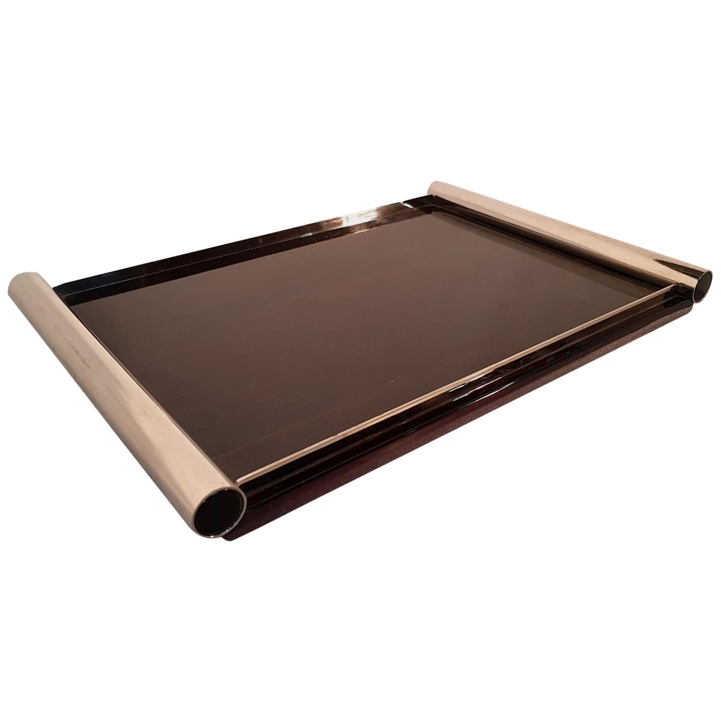 French Art Deco Lacquered Macassar Wood Tray with Nickel Handles