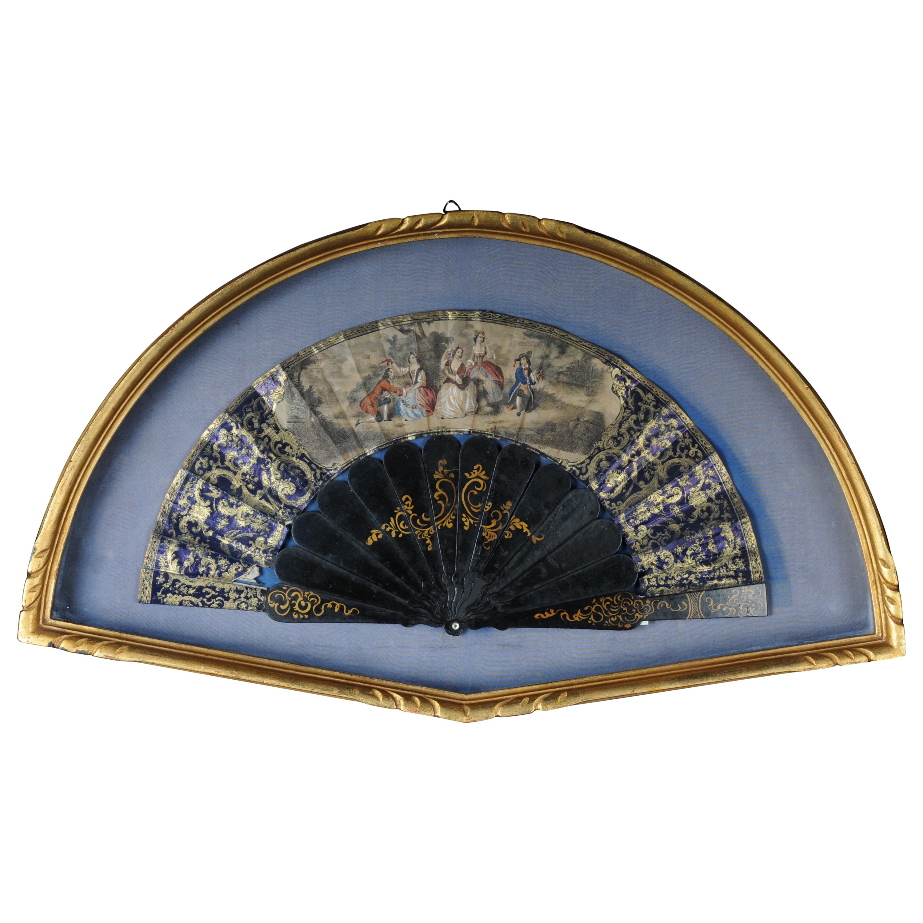 Decorative Hand Fan in Gilded Frame Demilune, 20th Century Old