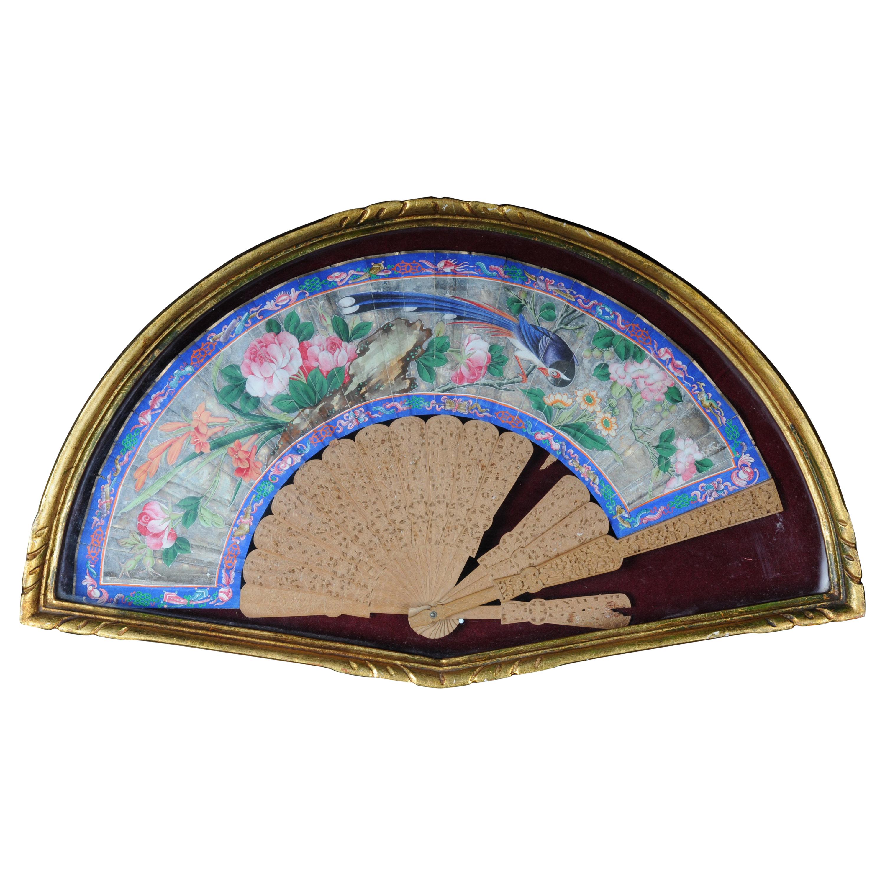 Decorative Hand Fan in Gilded Frame Demilune, 20th Century For Sale