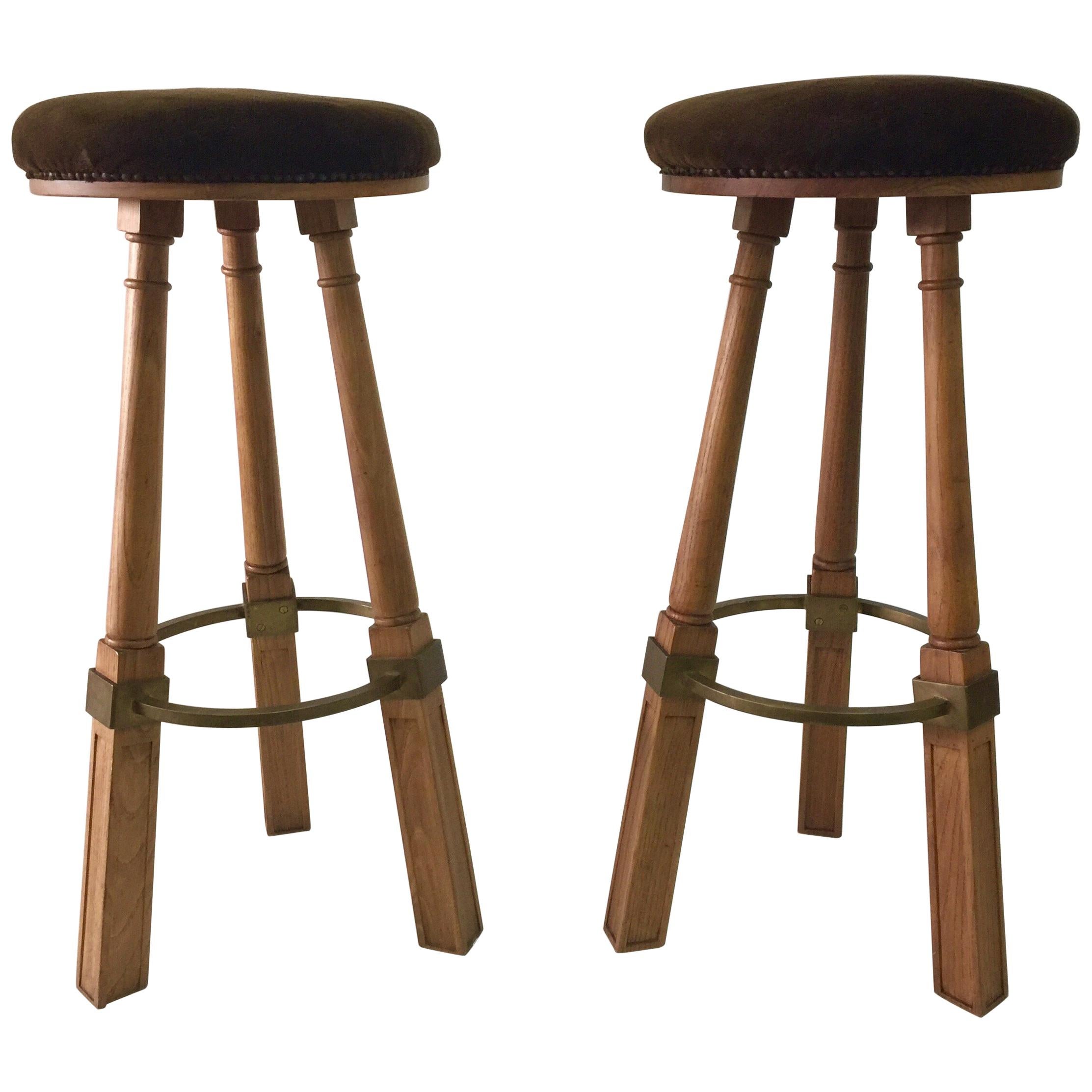 Pair of French Oak Bar Stools, Attributed to Jacques Adnet