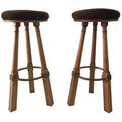 Pair of French Oak Bar Stools, Attributed to Jacques Adnet