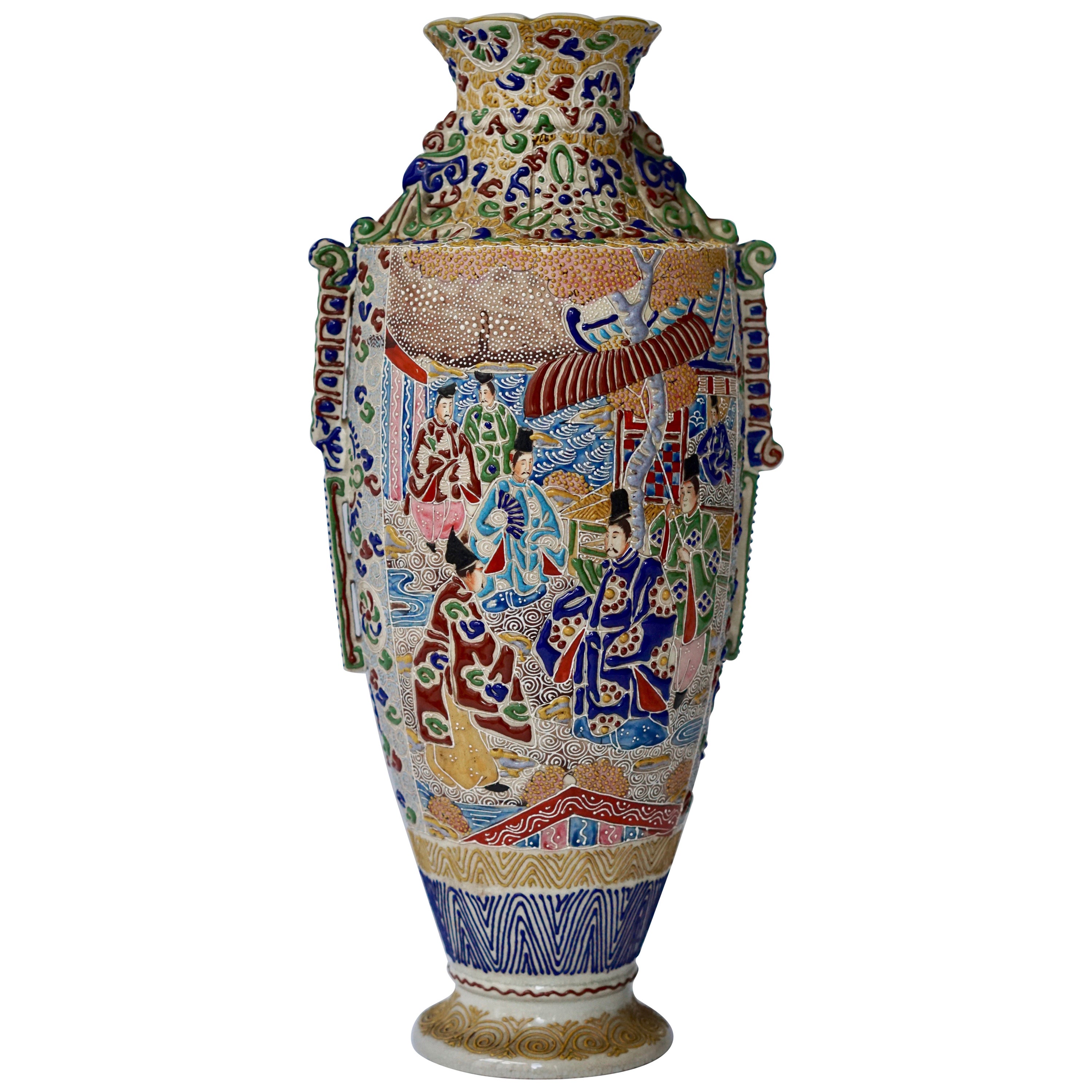 Japanese Satsuma Vase with Gold Gilt High Relief Decoration Depicting a Goddess For Sale at 1stDibs