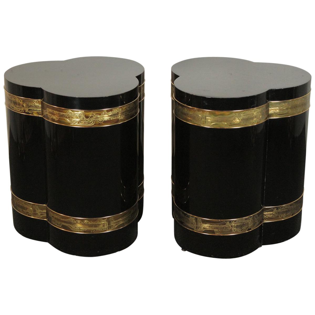 Pair of Bernhard Black Lacquered Low Pedestal Tables for Mastercraft