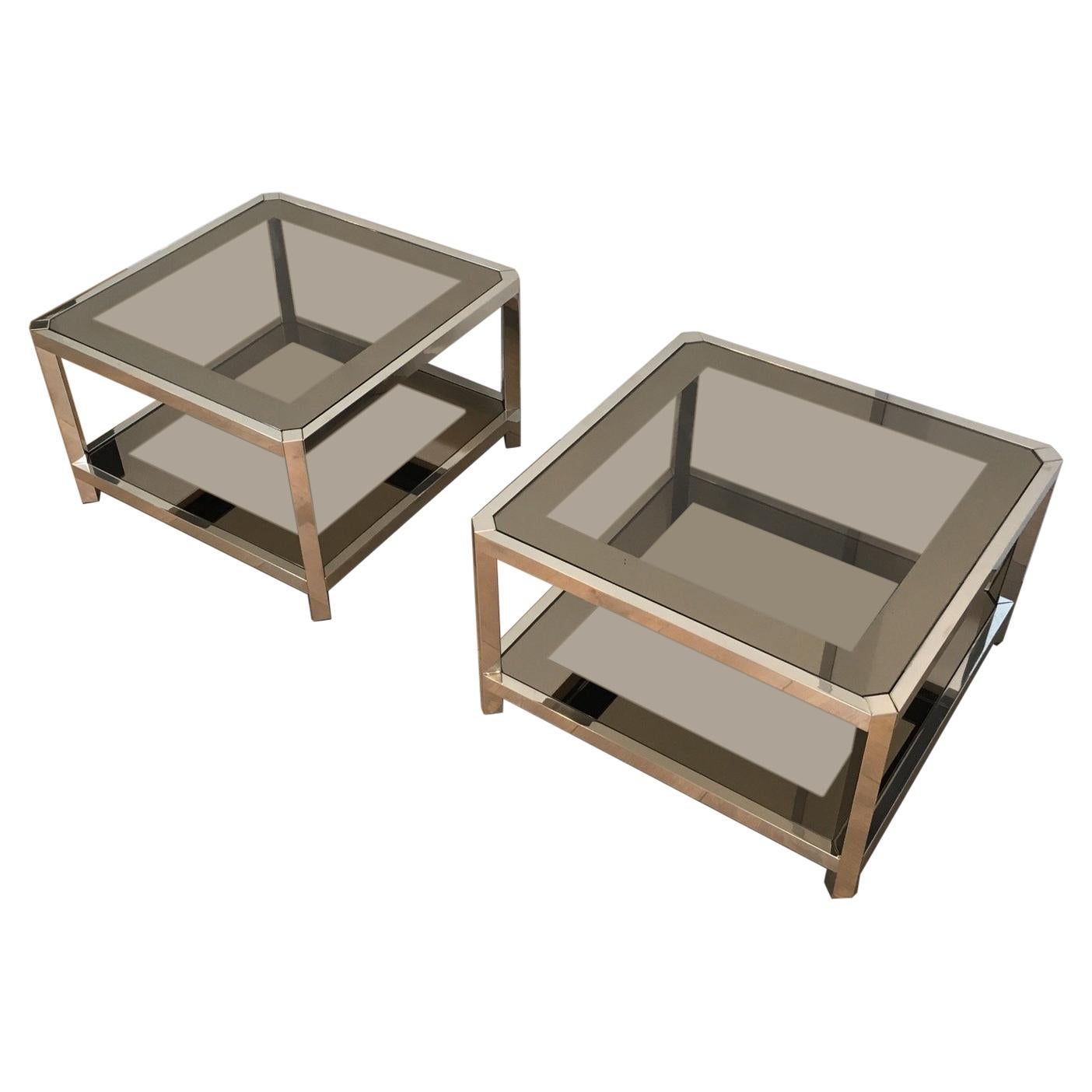 Pair of Large Octogonal Chromed Side Tables with Bronze Glass Tops, French For Sale