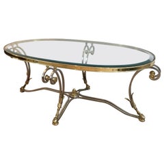 Vintage Beautiful Neoclassical Style Oval Brushed Steel & Brass Coffee Table. Circa 1970