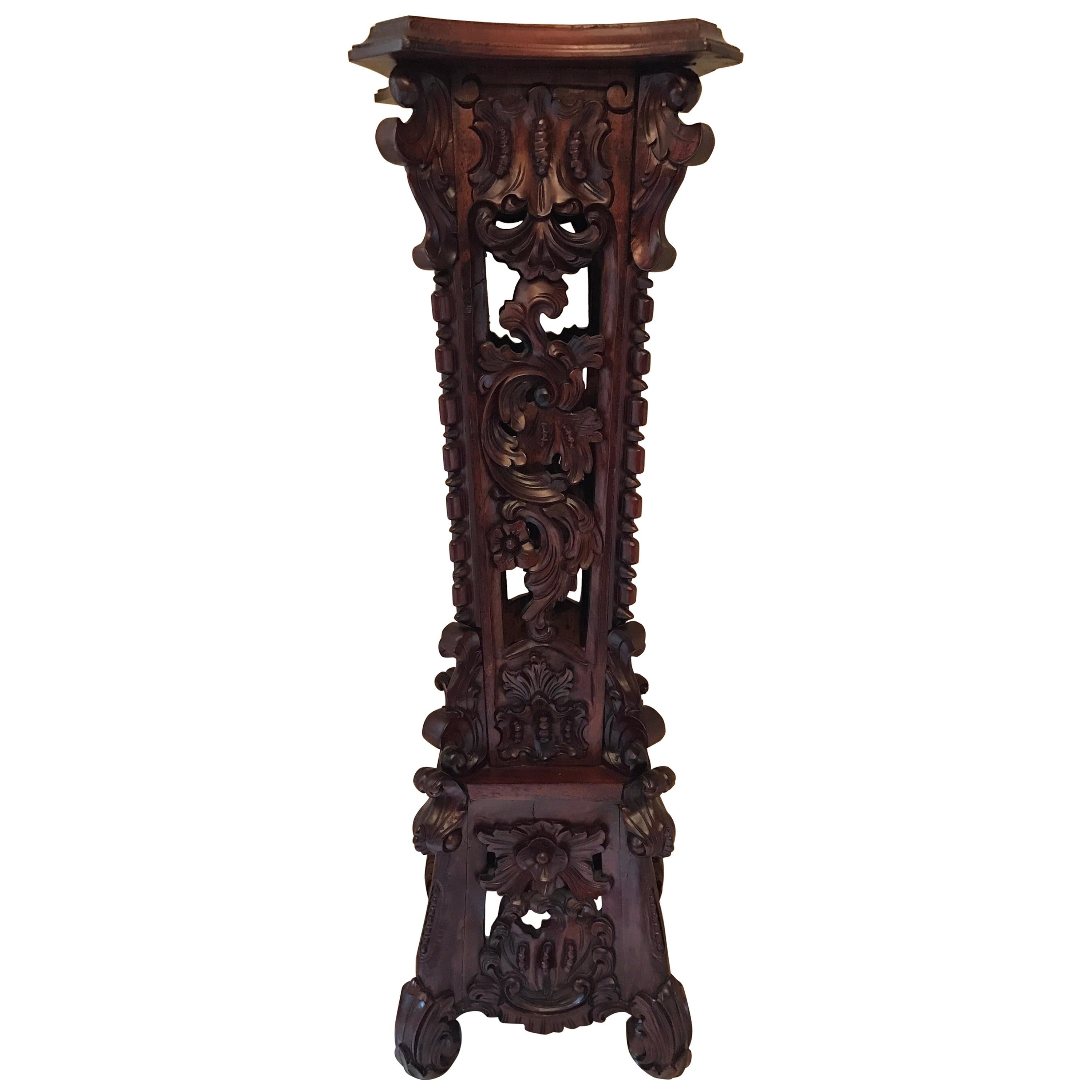 Antique Carved Tall Mahogany Pedestal Plant Stand