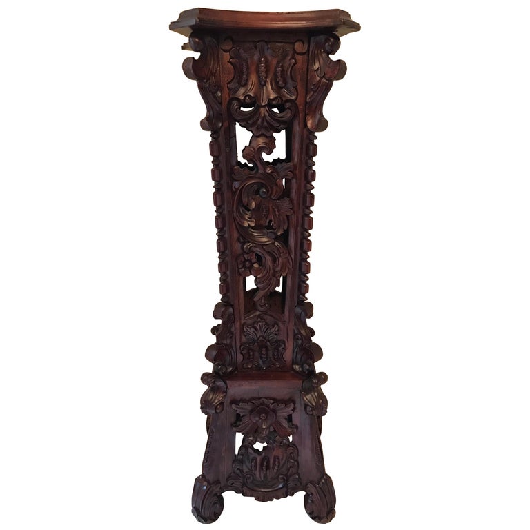 Antique Carved Tall Mahogany Pedestal Plant Stand at 1stDibs
