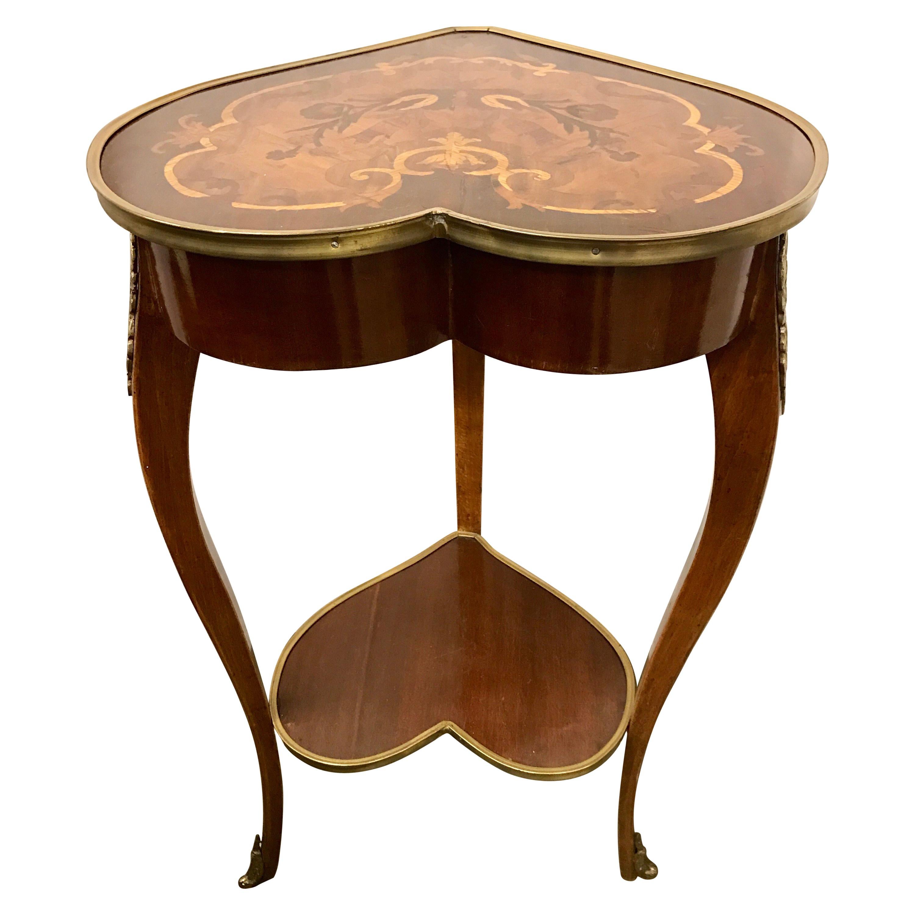 Louis XV Revival Marquetry Inlaid Heart Shaped Table with Bronze Ormolu