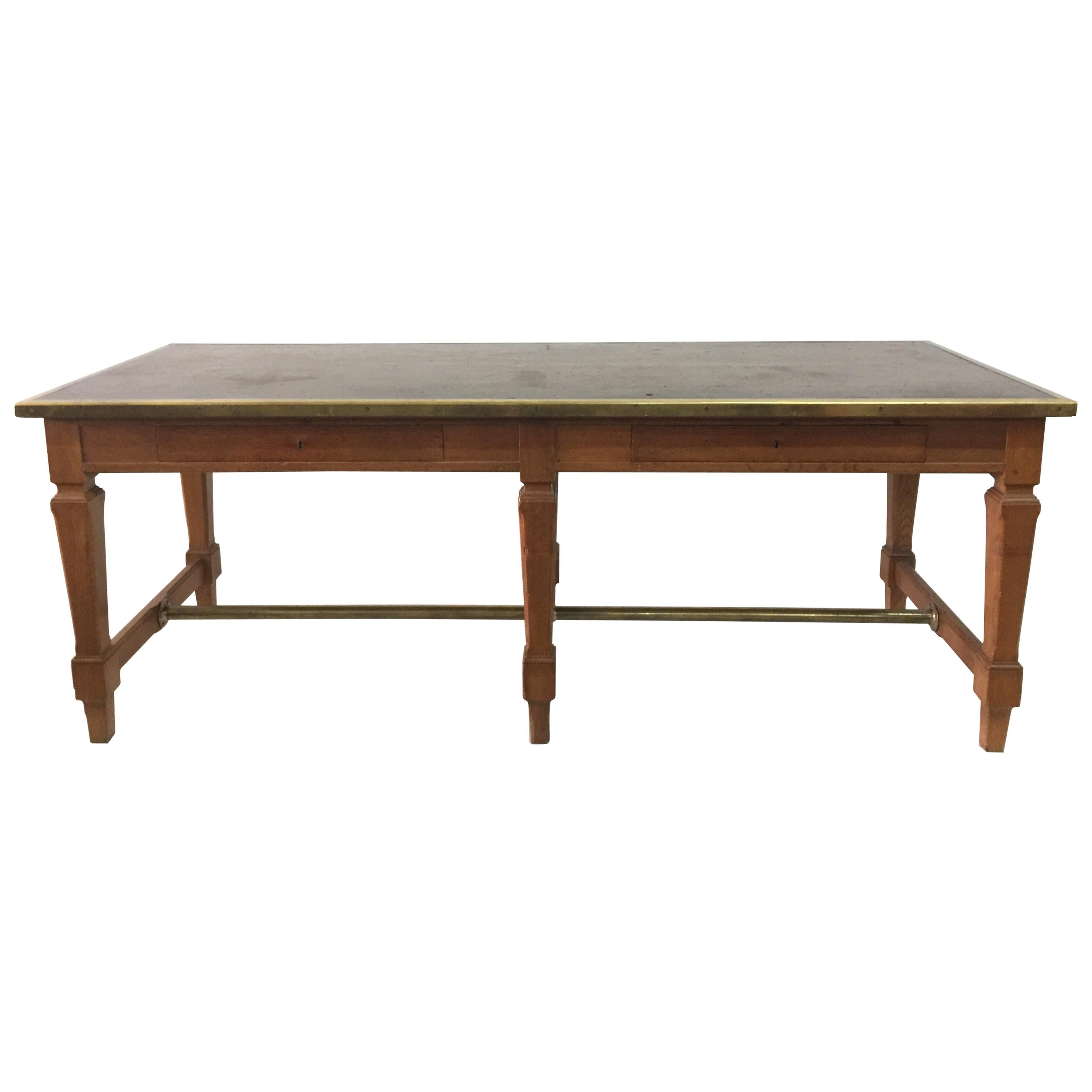 Leather Top and Brass Oak Library Table