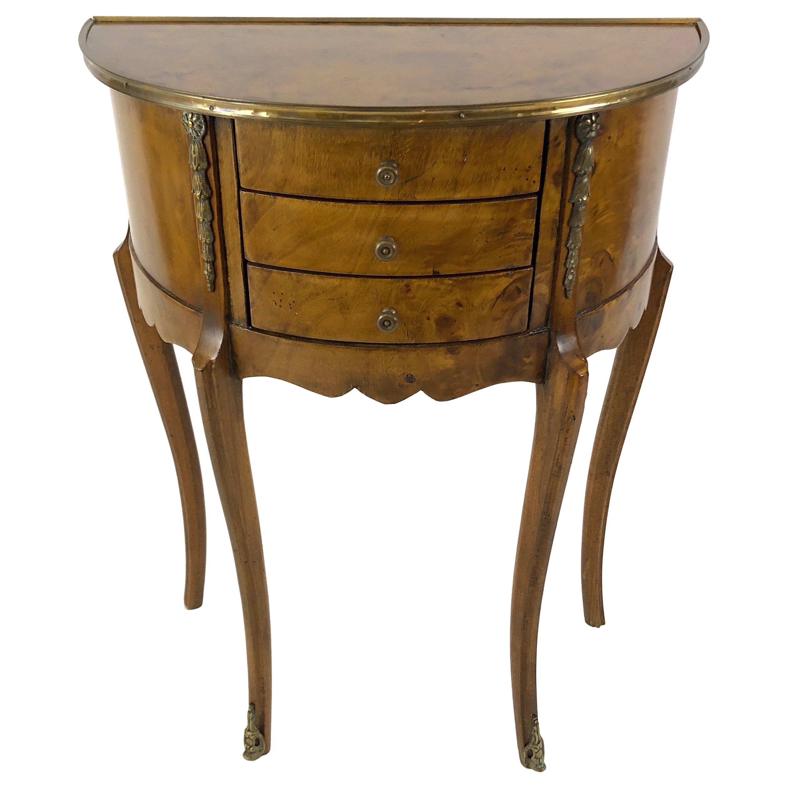 Mastercraft Burl Wood and Brass Demilune Desk with White Leather Tops at 1stDibs