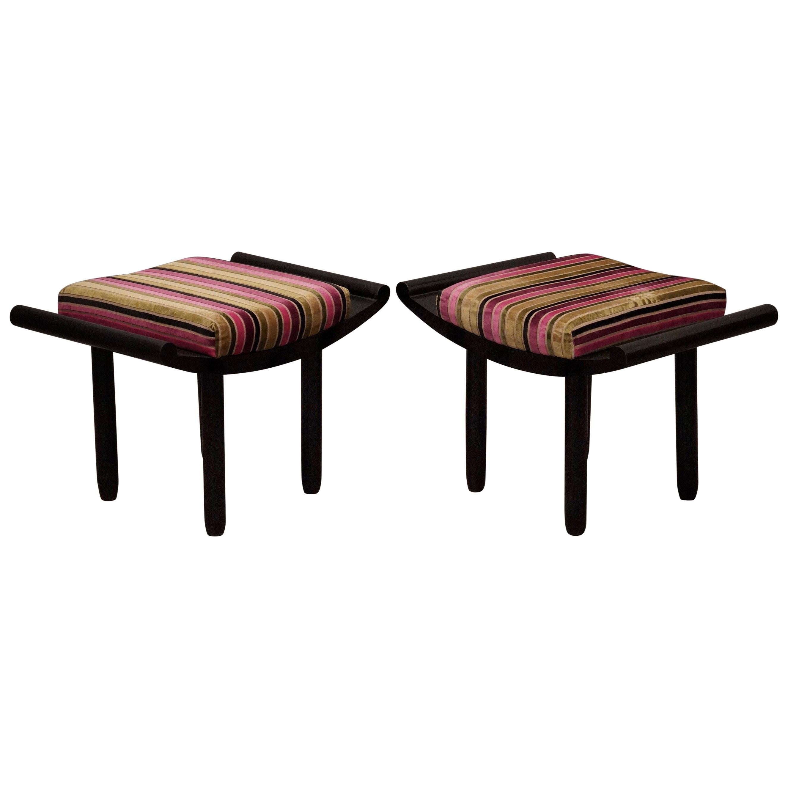 Pair of Art Deco Black and Velvet French Benches, 1930
