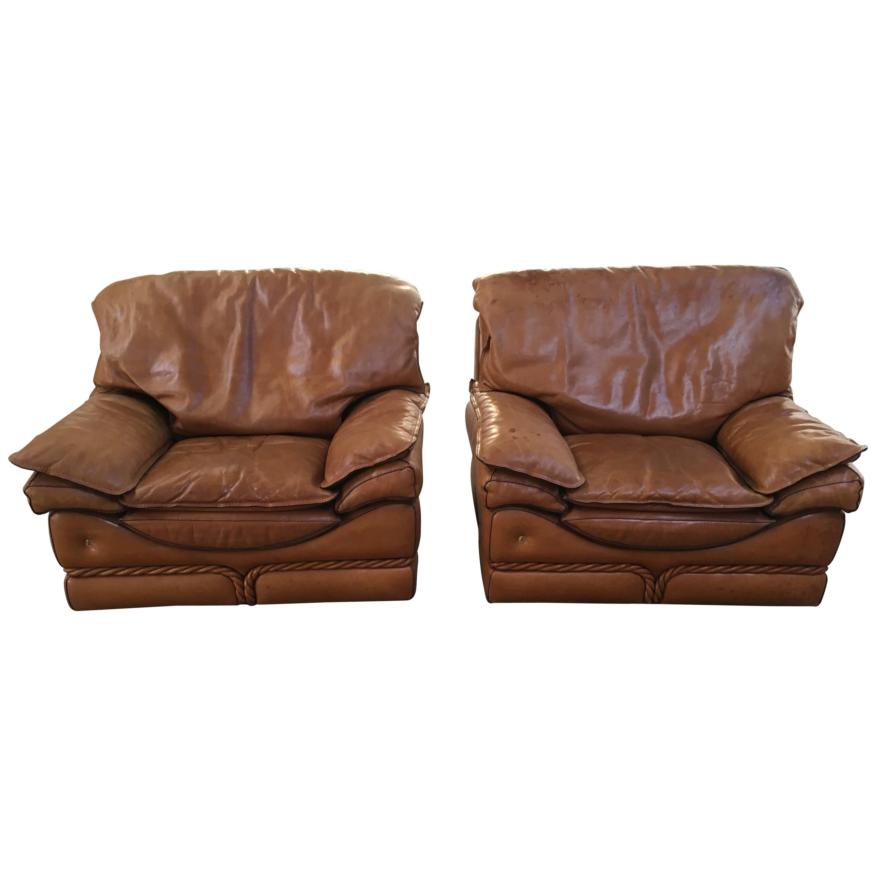 Mid-Century Modern Italian Pair of Genuine Leather Armchairs by Colombo, 1970s