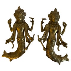 Vintage Pair of Asian Solid Brass Goddess Door Pulls A
