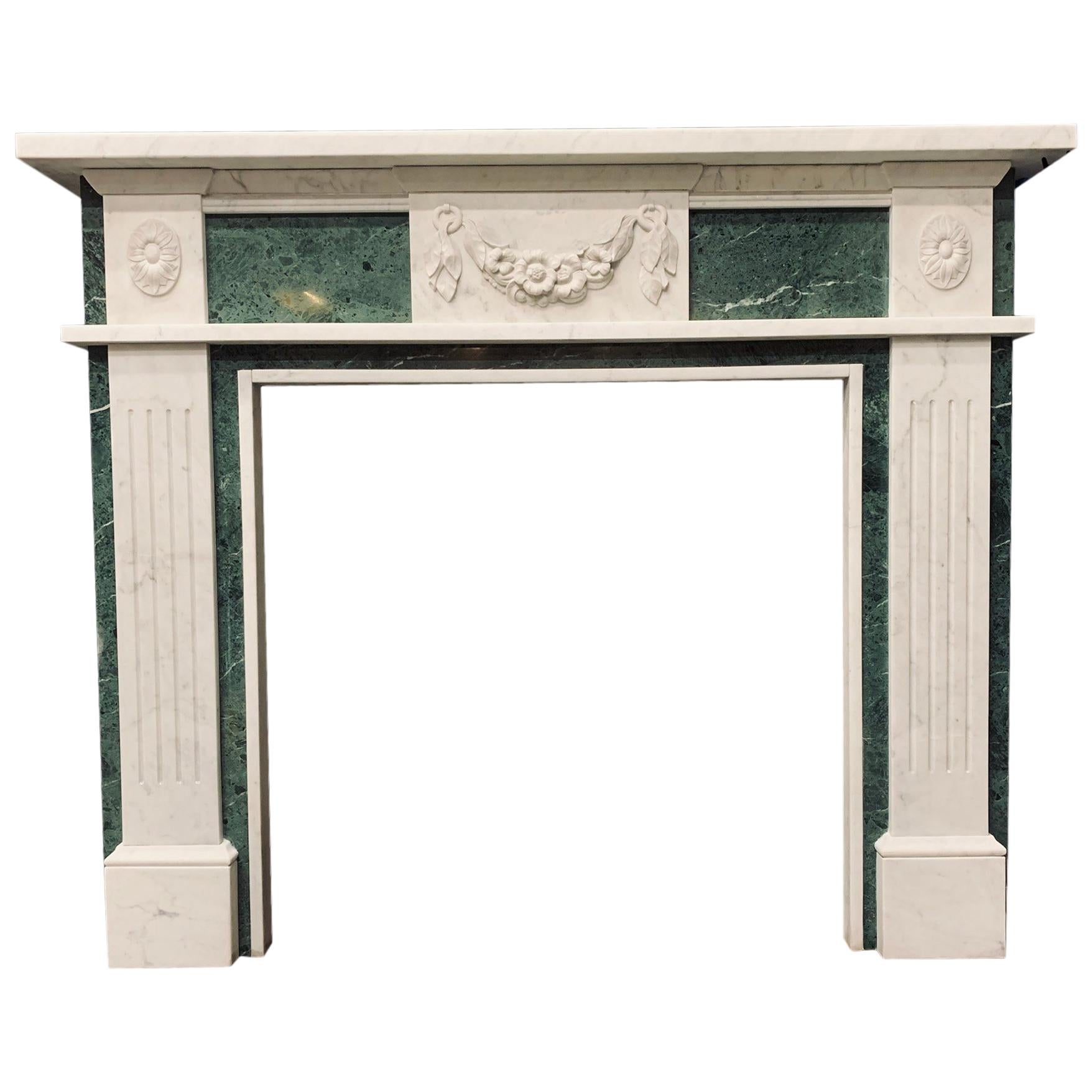 Antique Edwardian George III Style Carrara & Green Marble Fireplace Surround