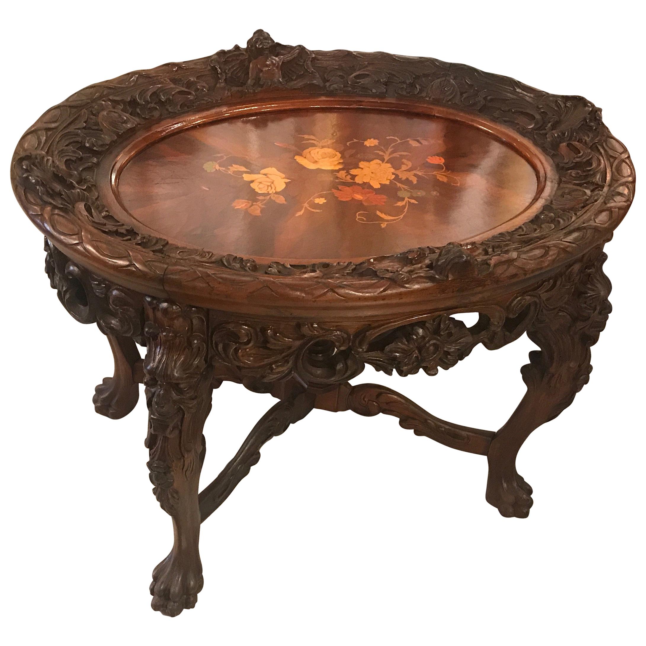 Antique Hand Carved Walnut Cocktail Table with Inlay