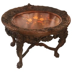 Antique Hand Carved Walnut Cocktail Table with Inlay