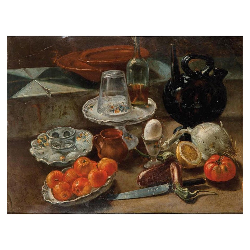 19th Century Spanish Bodegon with Alcora Ceramic Still Life Oil on Carton