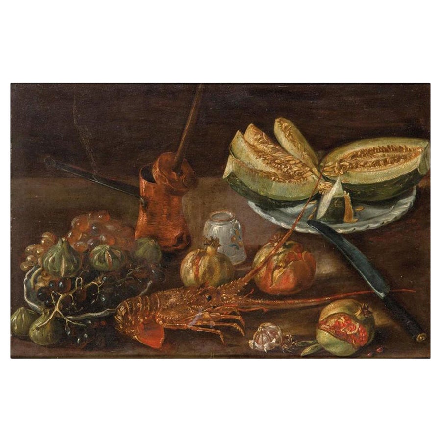19th Century Spanish Bodegon with Lobster and Melon Still Life Oil on Carton