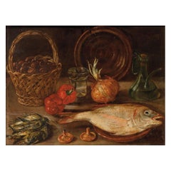 19th Century Spanish Bodegon with Fish and Alcora Ceramic Oil on Carton
