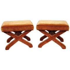 Pair of Vintage Orange X-Base Frame Upholstered Hollywood Regency Stools
