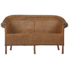French Vintage Wicker and Pine Sofa, 1930s