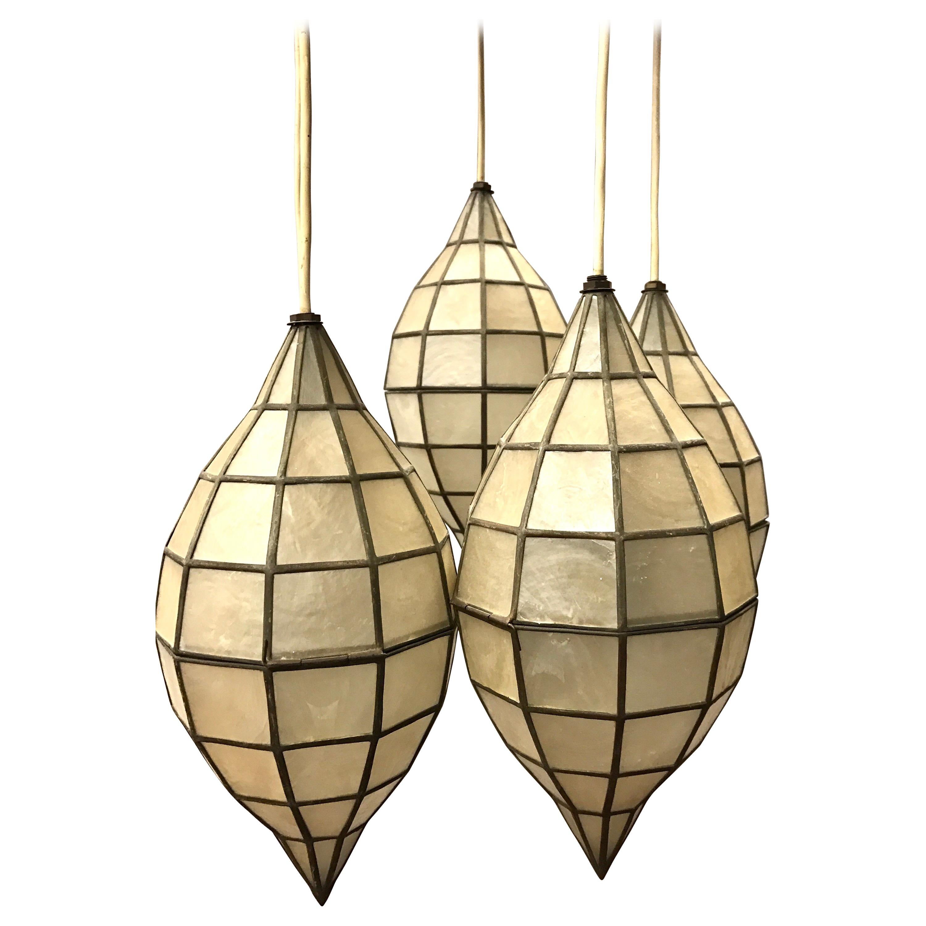Mid Century Mother-of-Pearl Hanging Lanterns Pendant Chandelier