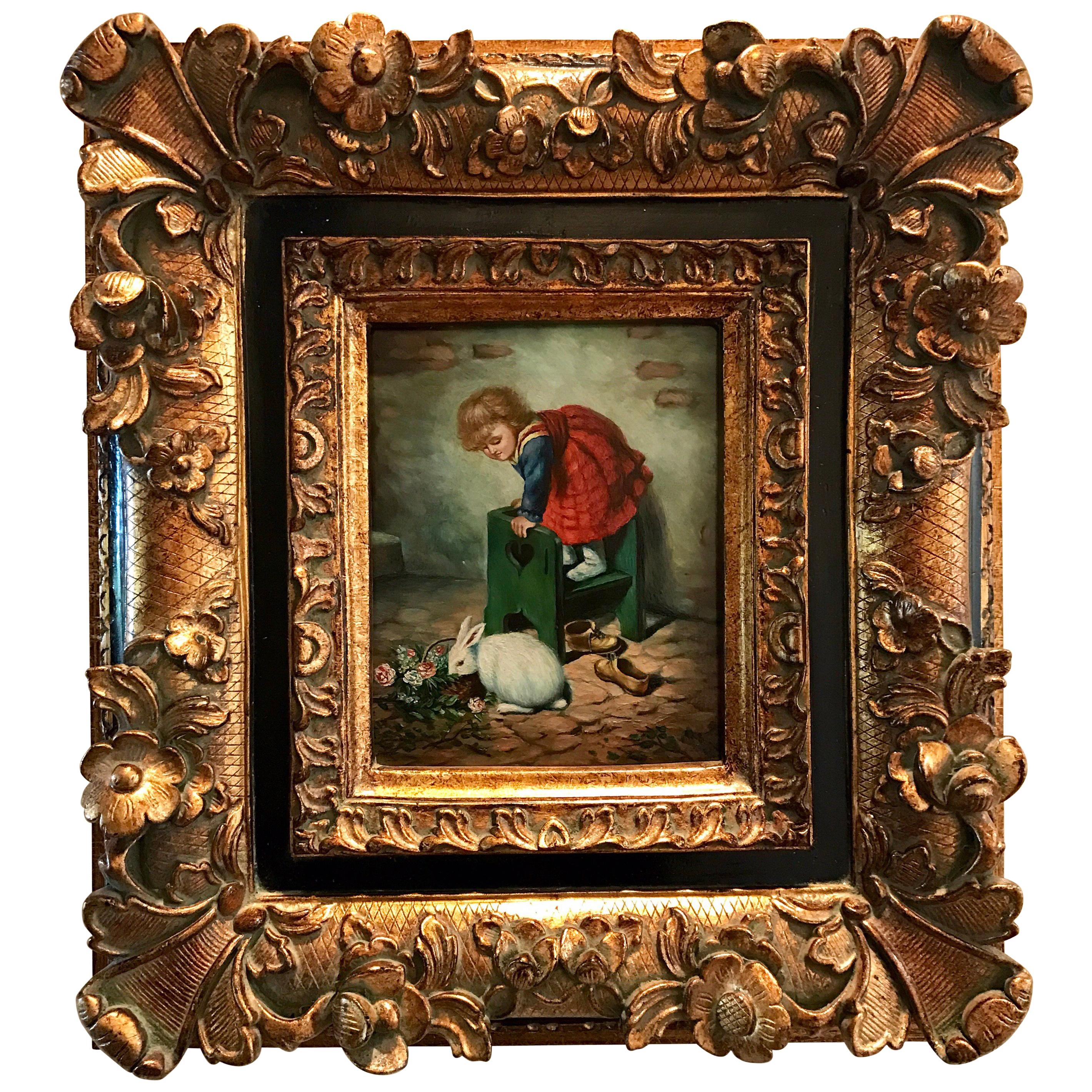 Vintage Original Oil Painting Framed Little Girl with Rabbit Perfect Gift