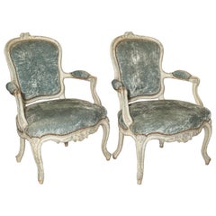 Pair of Period French Louis XV Blue and Cream Lacquered Cabriolet Armchairs