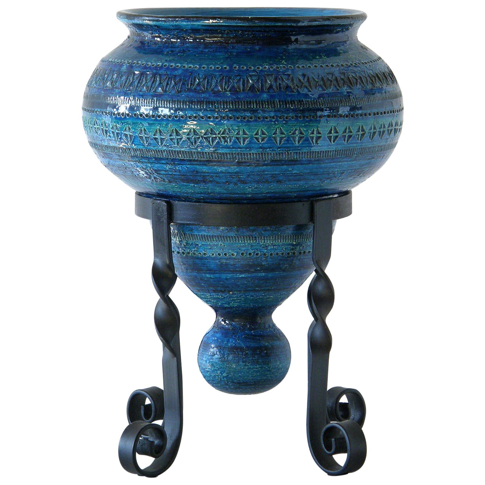 Aldo Londi for Bitossi "Rimini Blu" Ceramic Vase on Wrought Iron Stand