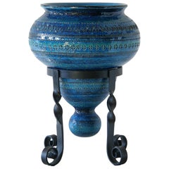 Aldo Londi for Bitossi "Rimini Blu" Ceramic Vase on Wrought Iron Stand