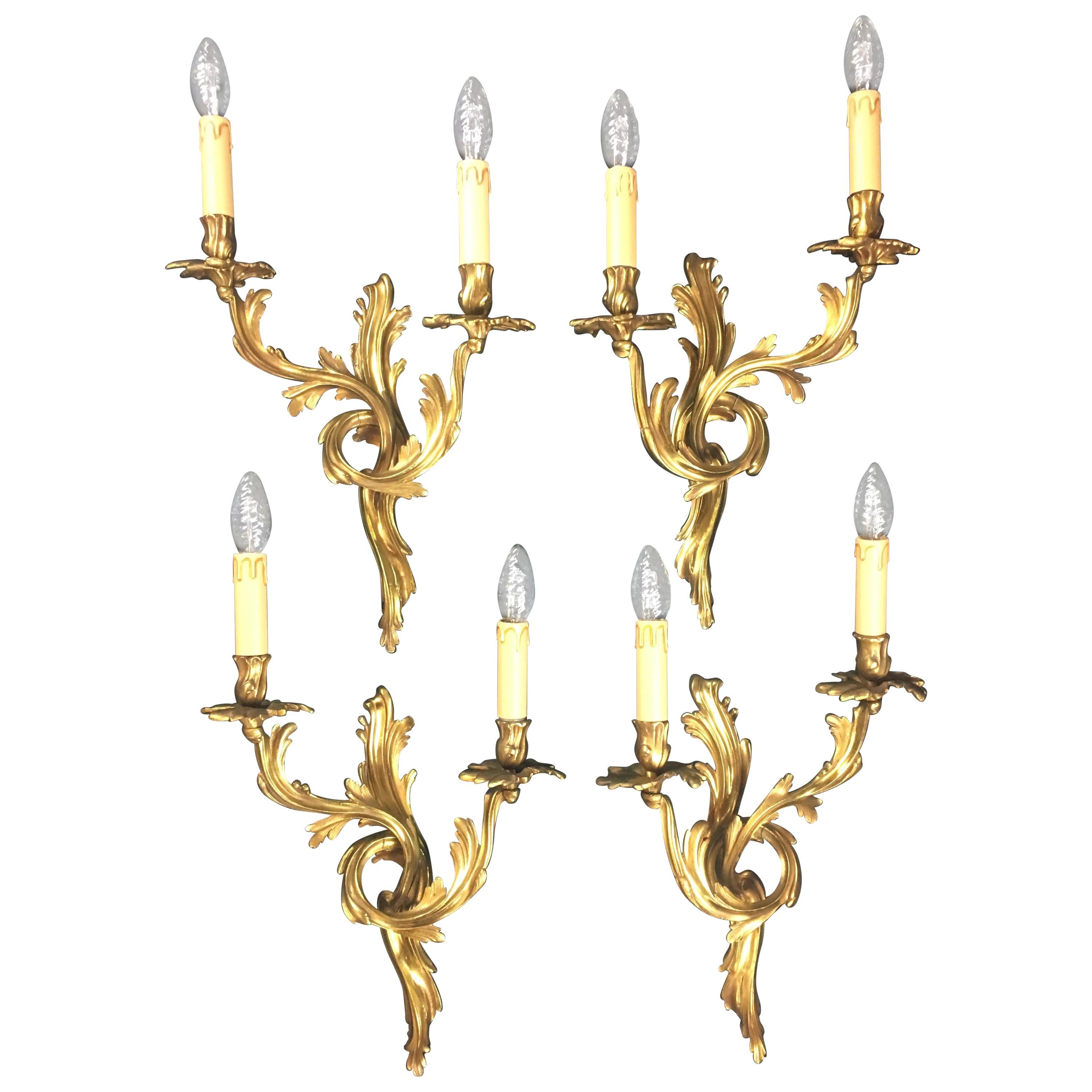 Set of 4 French 19th Century Gilded Bronze Double Arm Wall Sconces