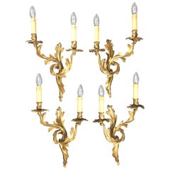 Antique Set of 4 French 19th Century Gilded Bronze Double Arm Wall Sconces