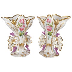 Pair of French Hand Painted and Gilt Porcelain Old Paris Spill Vases, circa 1880