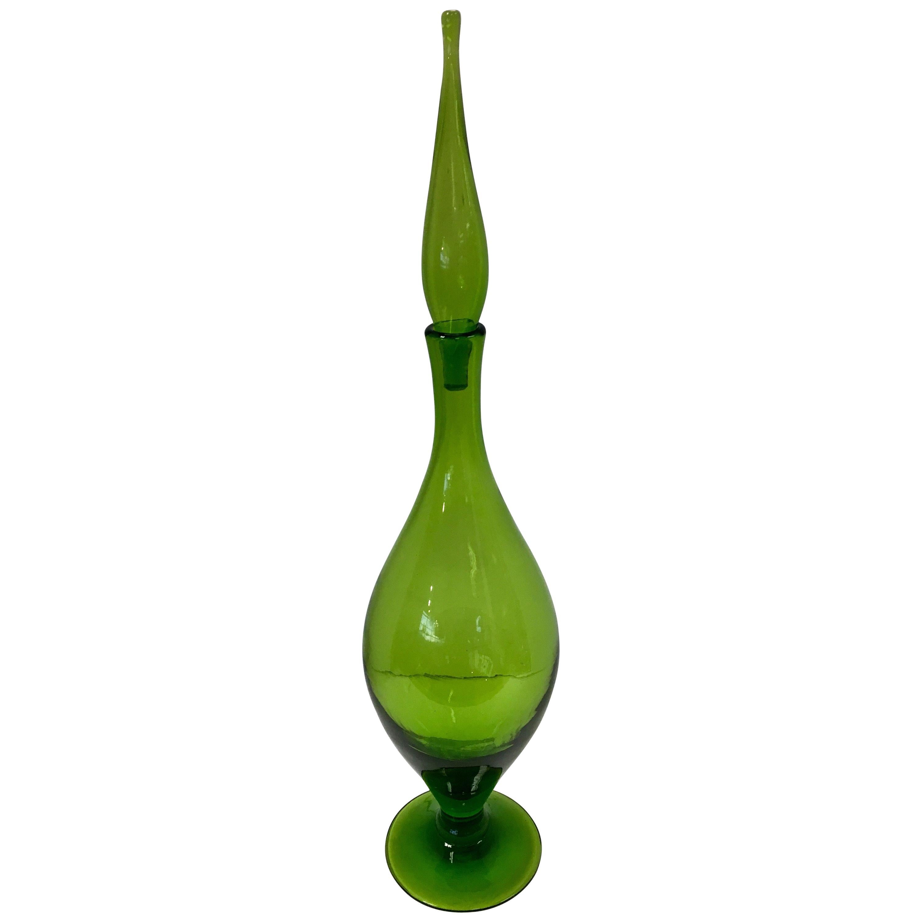 Tall Mid Century Blenko Green Glass Decanter Bottle