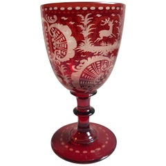 Antique Egermann Bohemian Czech Ruby Cut to Clear Glass, Deer and Castle Theme