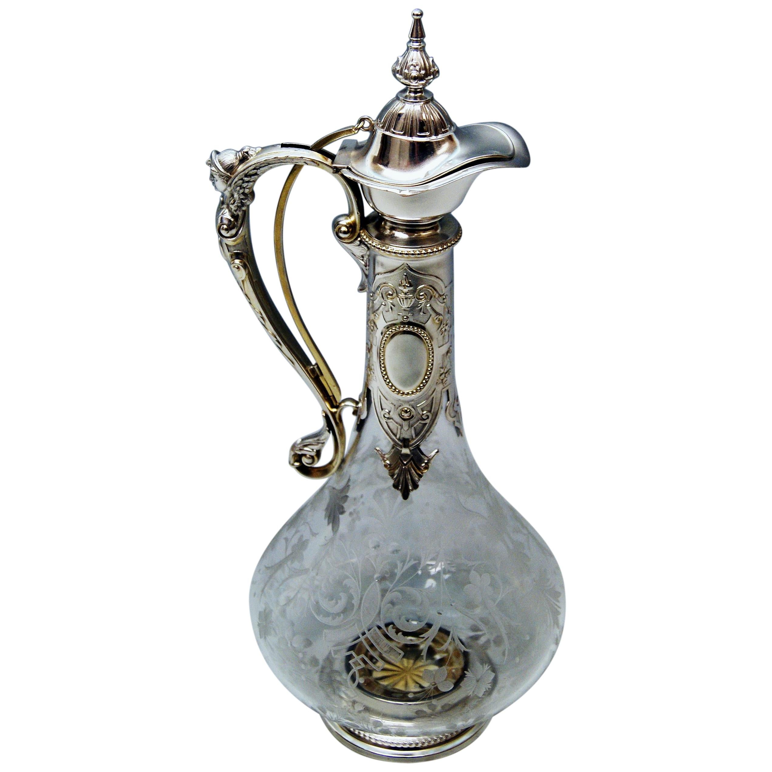 Silver 800 Historicism Glass Decanter Wine Carafe, Austria Made circa 1880-1890