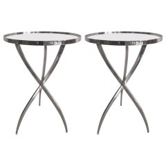 Two French Mid-Century Modern Neoclassical Style Polished Nickel Side Tables